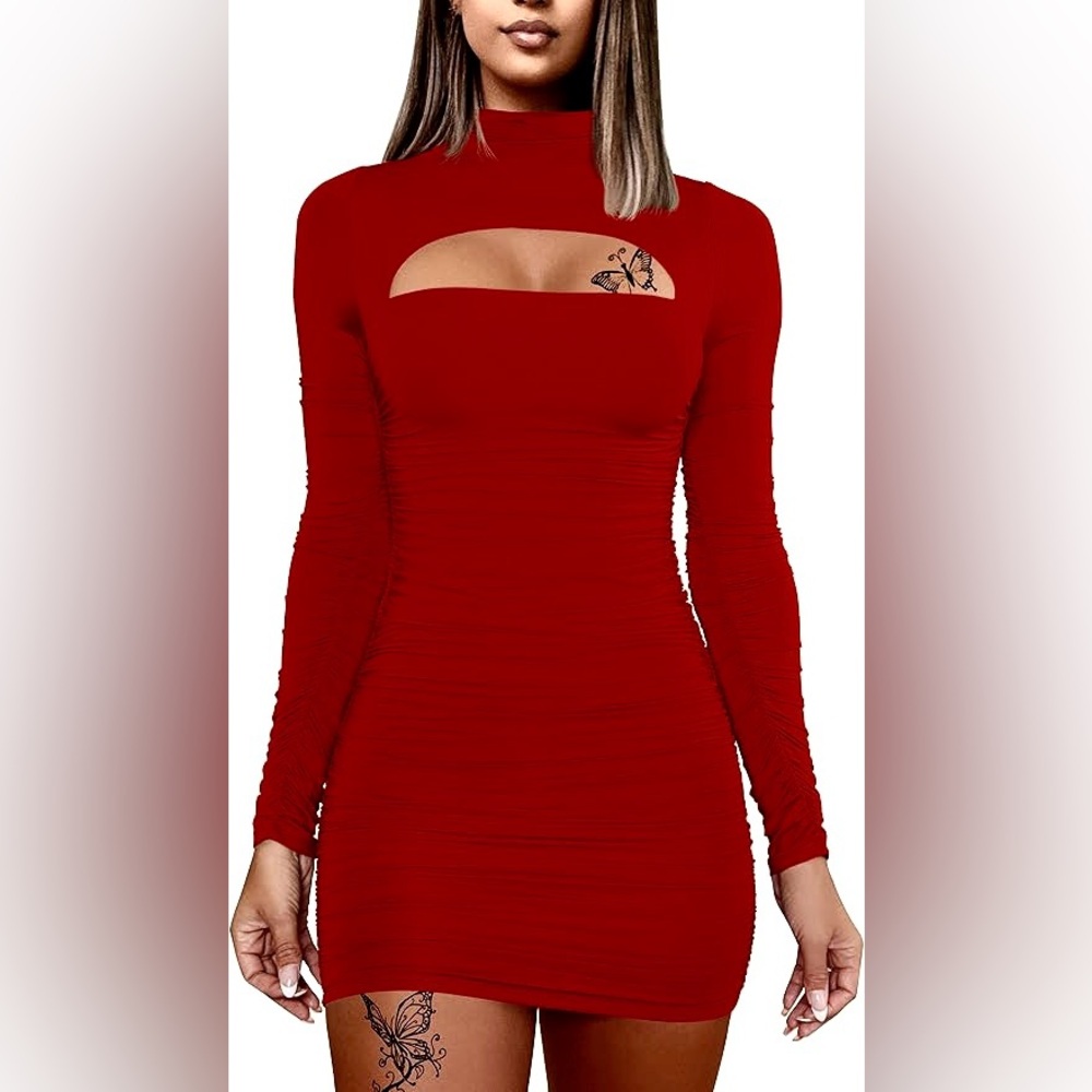 NWOT Keyhole Cut Out Ruched Bodycon Cutout Front Long Ruched Sleeves Mini Dress